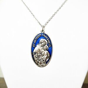 ✝️Vintage Saint Jude Hope Saint Anthony Miracles Pray For Us Blue Oval Necklace